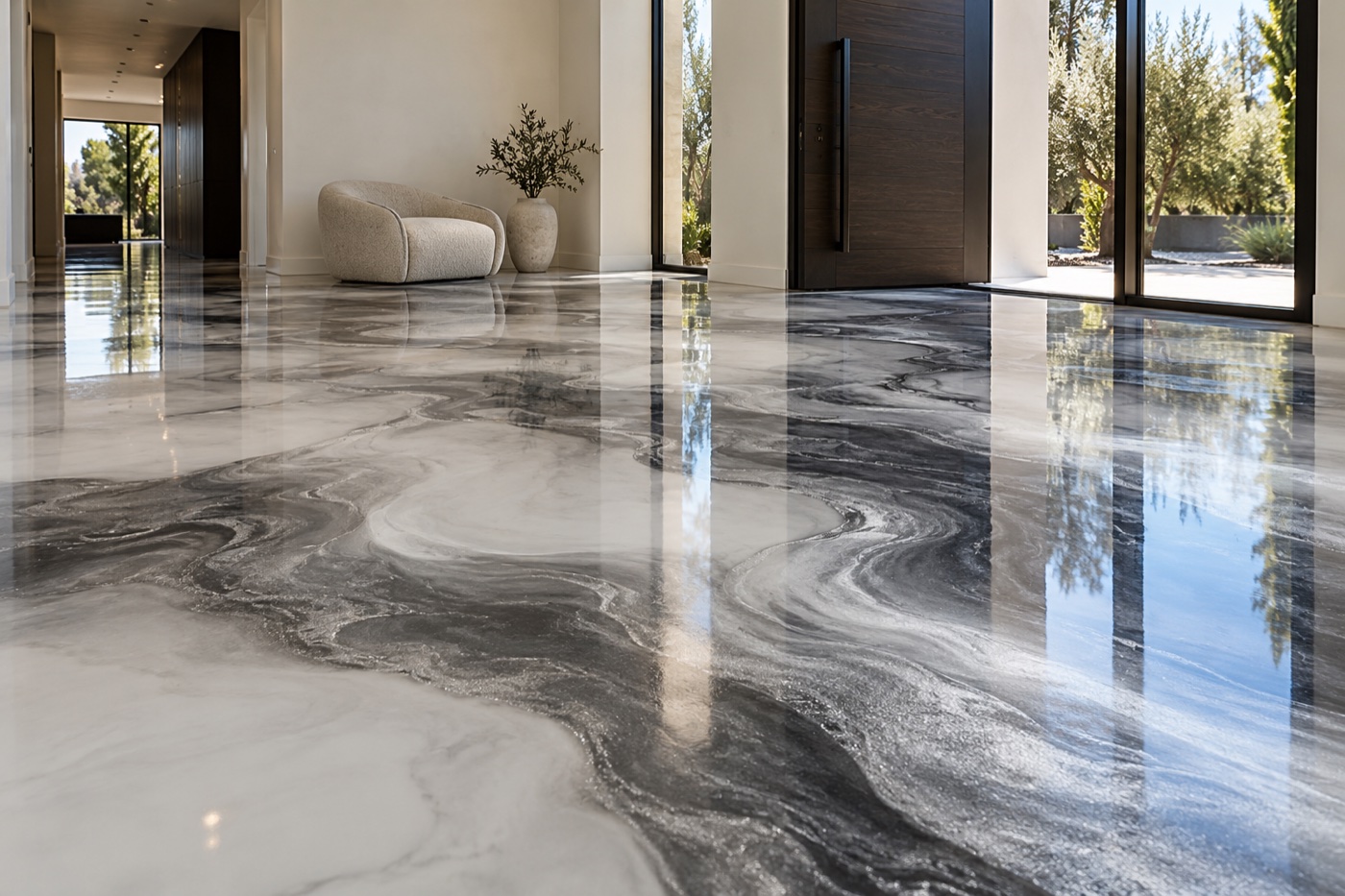 A dramatic white and charcoal metallic epoxy interior floor