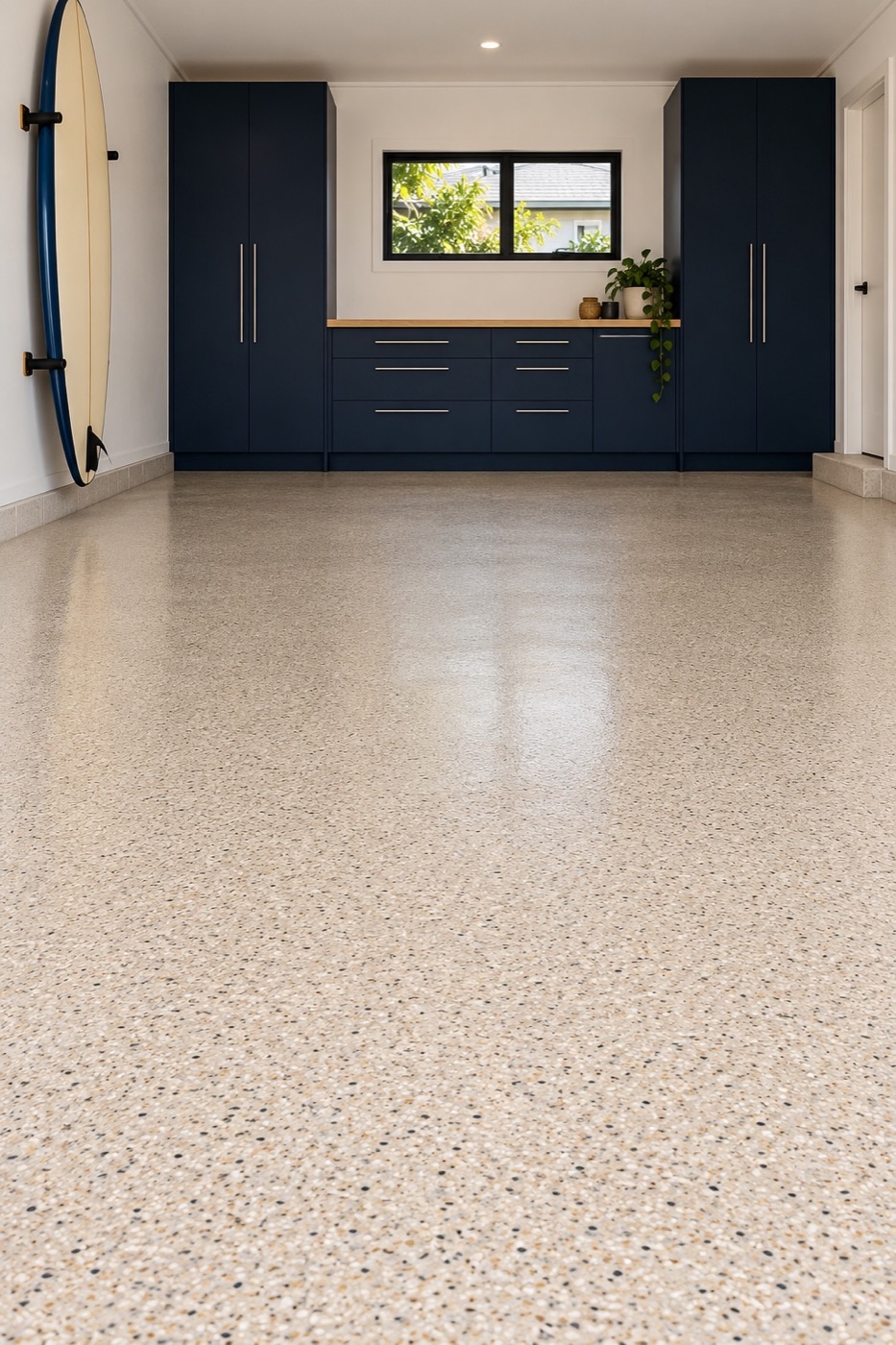 A bright garage with sandstone flake epoxy flooring and navy storage