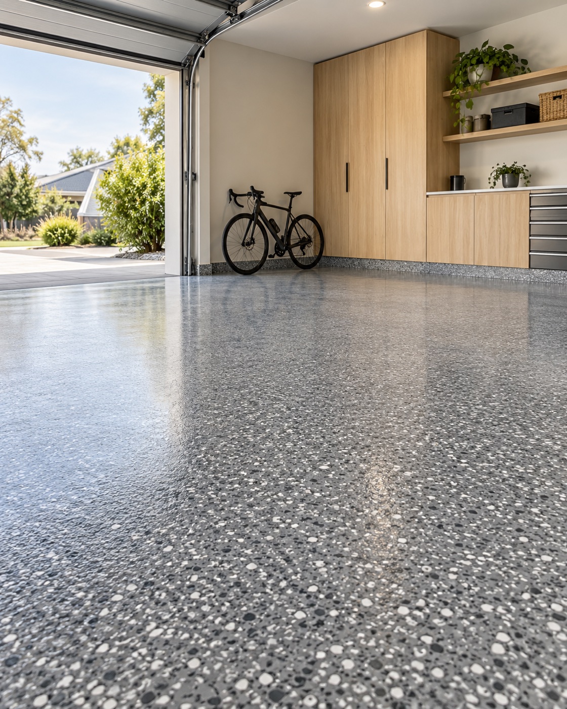 A light-filled garage with a grey decorative flake epoxy floor
