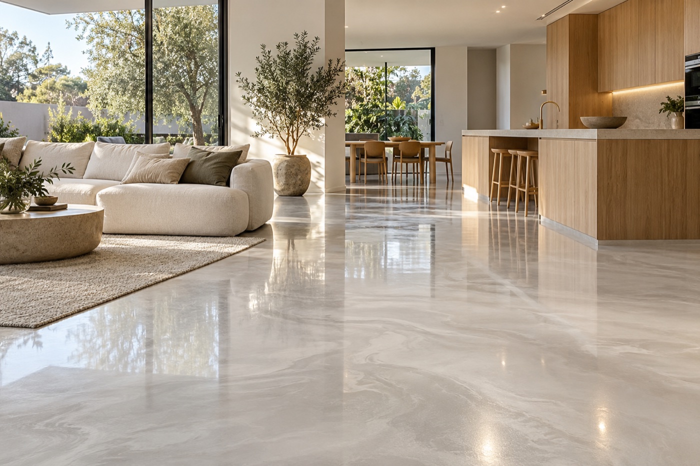 A soft silver epoxy floor and a bright modern living area